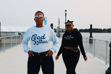 Load image into Gallery viewer, God Be Knowin’ long sleeve (baby blue/ navy)